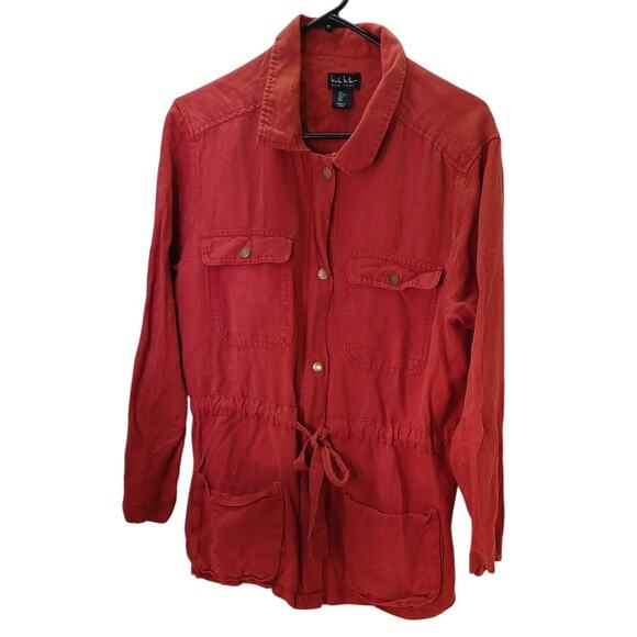 Nicole Miller Large Linen Utility Jacket Rust Red Cargo Drawstring Waist Y2K - Picture 1 of 6